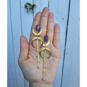 Gold Crescent Moon Dangle Earrings with Amethyst Gemstone Boho Witchy Jewelry